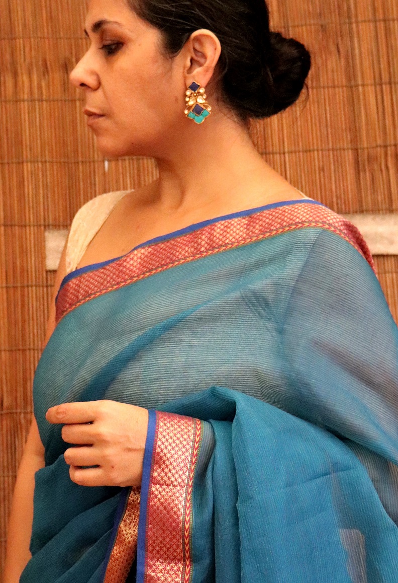 Blue Cotton Silk Maheshwari Saree with Chatai Borders